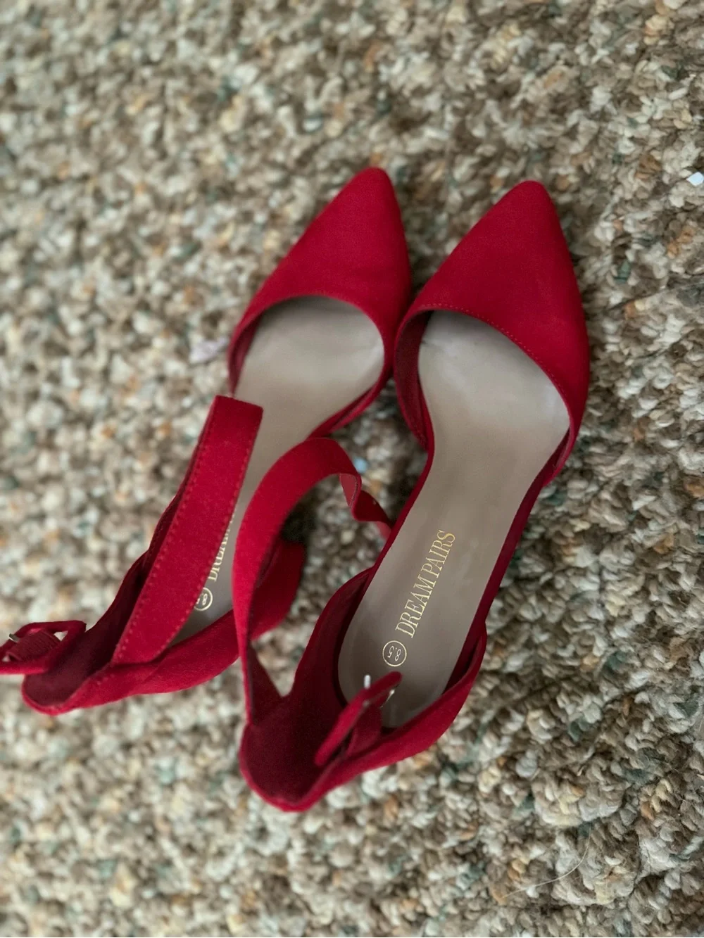 Dream Pairs Red Suede Pointed Block Heel Ankle-Strap Pumps